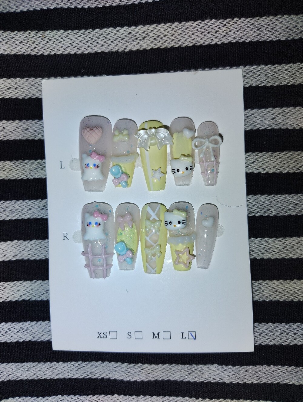 Kawaii 3D CharmPress-On Nails — Pastel Yellow & Pink Handcrafted Size L